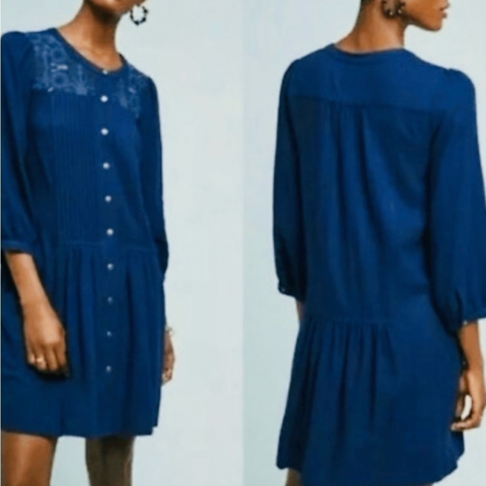 Anthropologie Deep Blue Embroidered Dress Navy Long Sleeve Button Front  4